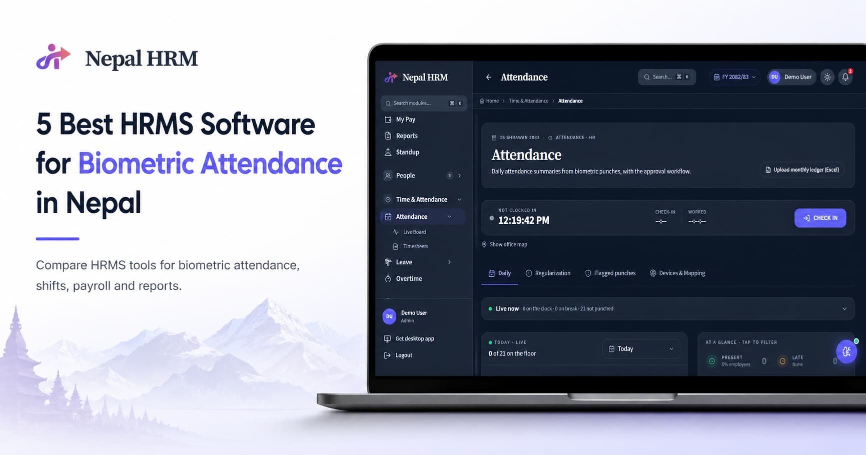 NepalHRM biometric attendance dashboard used to compare five HRMS software options for biometric attendance in Nepal.