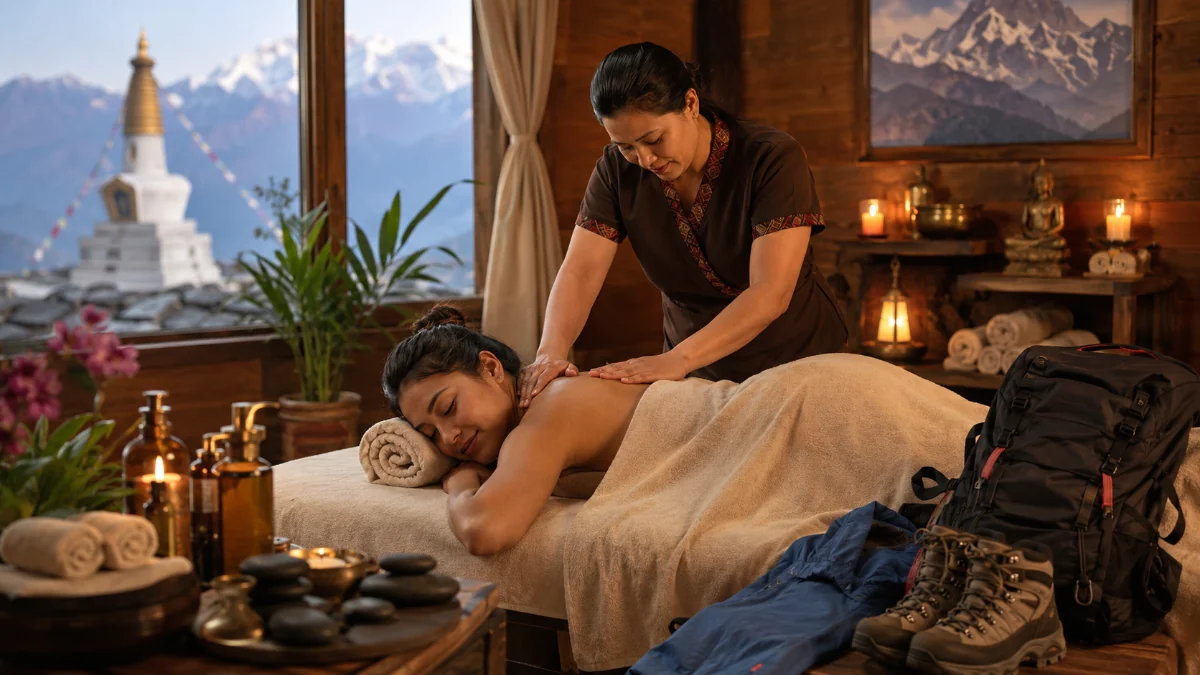 Relaxing post-trek massage therapy in Nepal with hiking gear and a peaceful mountain spa setting