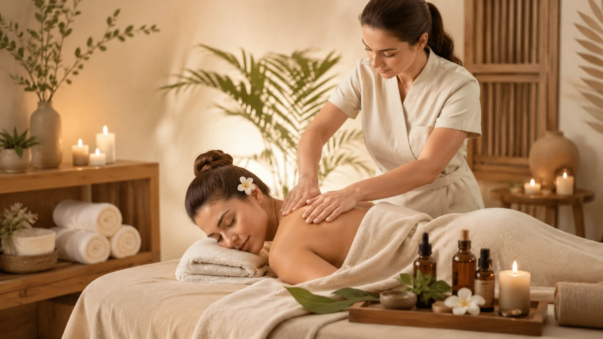 Back pain relief massage therapy session with a therapist providing a relaxing treatment in a peaceful spa setting