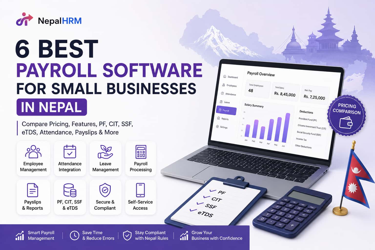 Six best payroll software options for small businesses in Nepal with payroll processing, attendance, leave, payslips, PF, CIT, SSF and eTDS features.