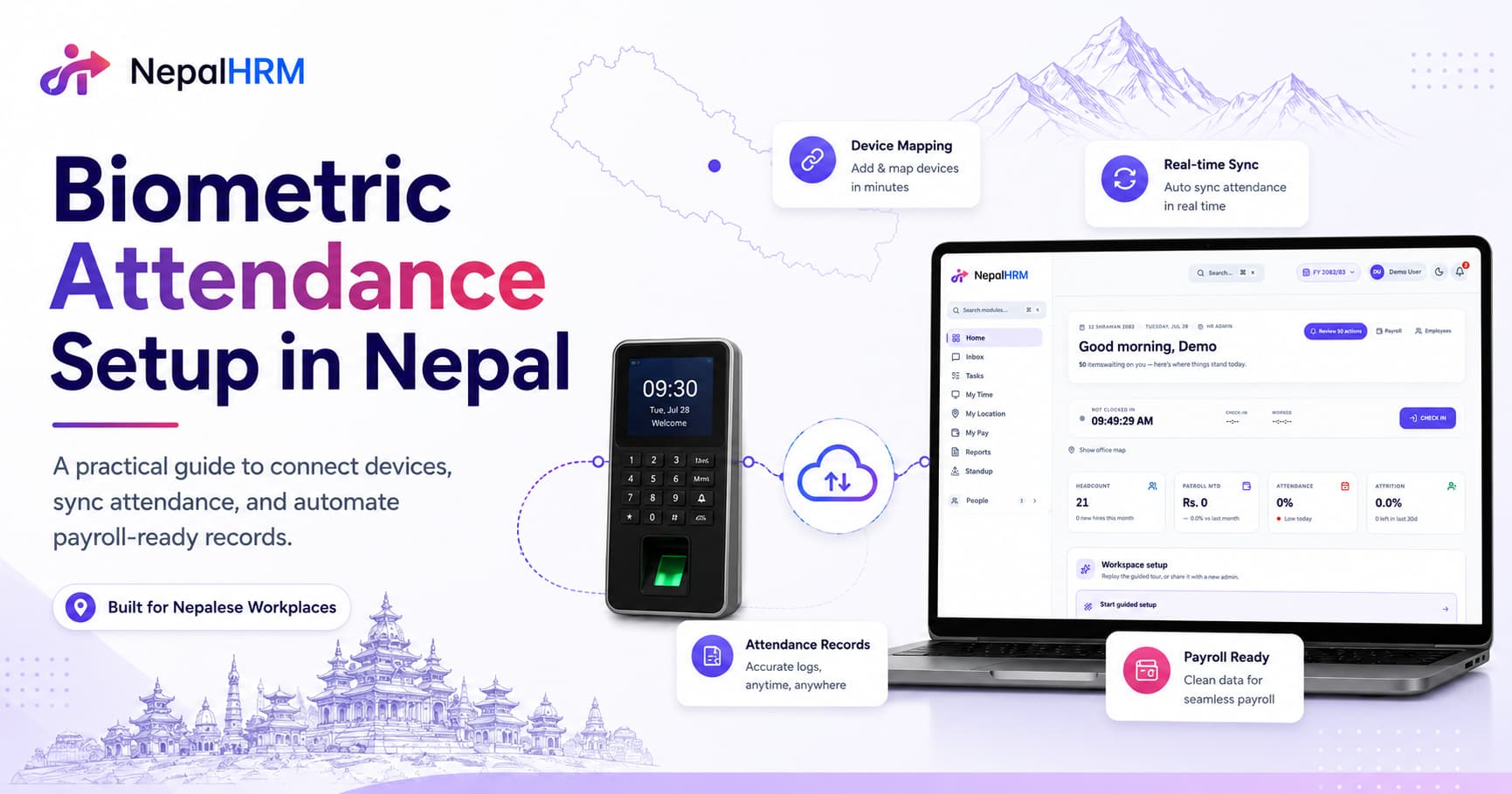 Biometric attendance device wired into a Nepali office network - the moment a thumbprint becomes a payslip line