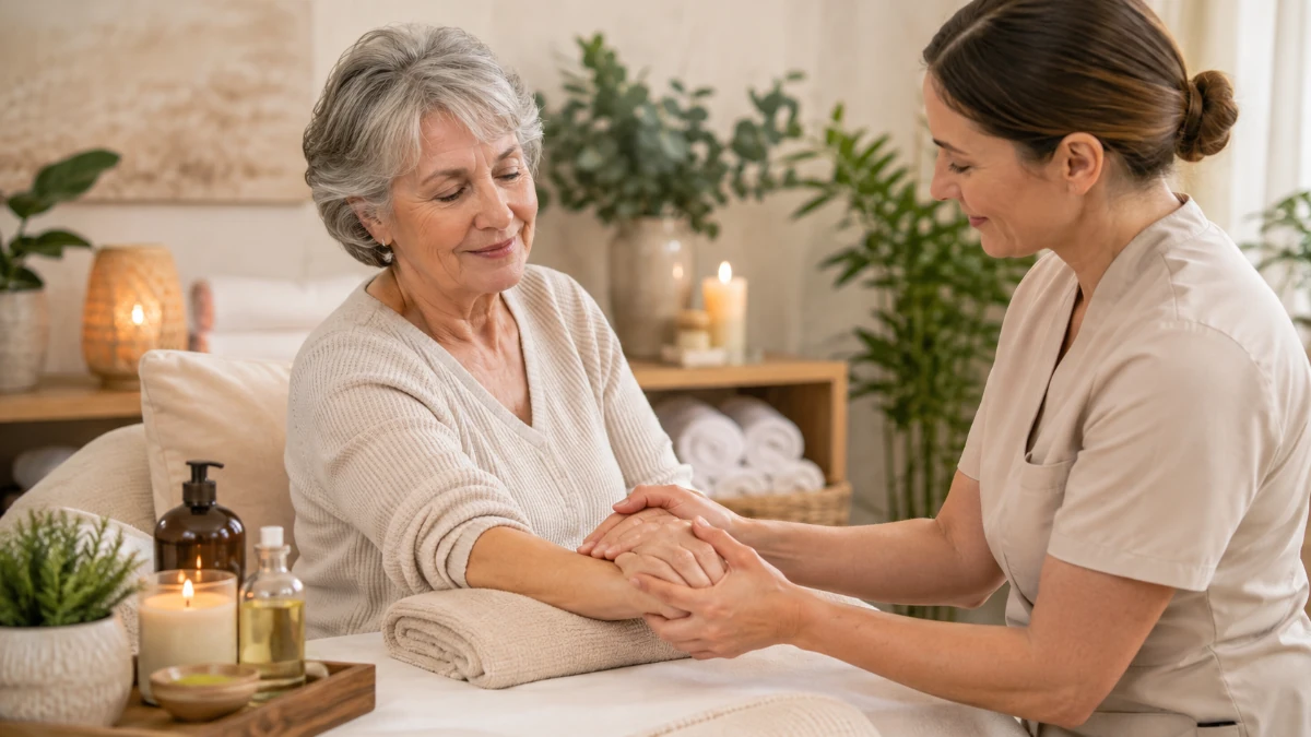 Gentle massage therapy session helping an elderly person with arthritis pain relief in a calming spa setting