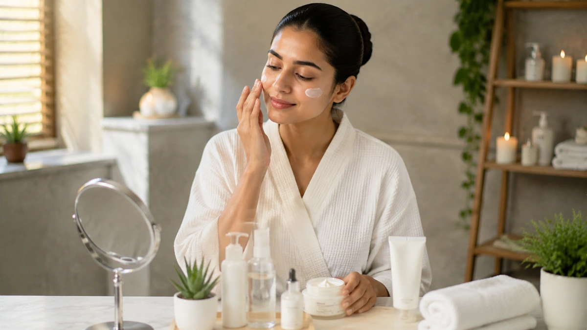 Essential skincare routine with beauty products and moisturizer application in a clean spa-inspired setting