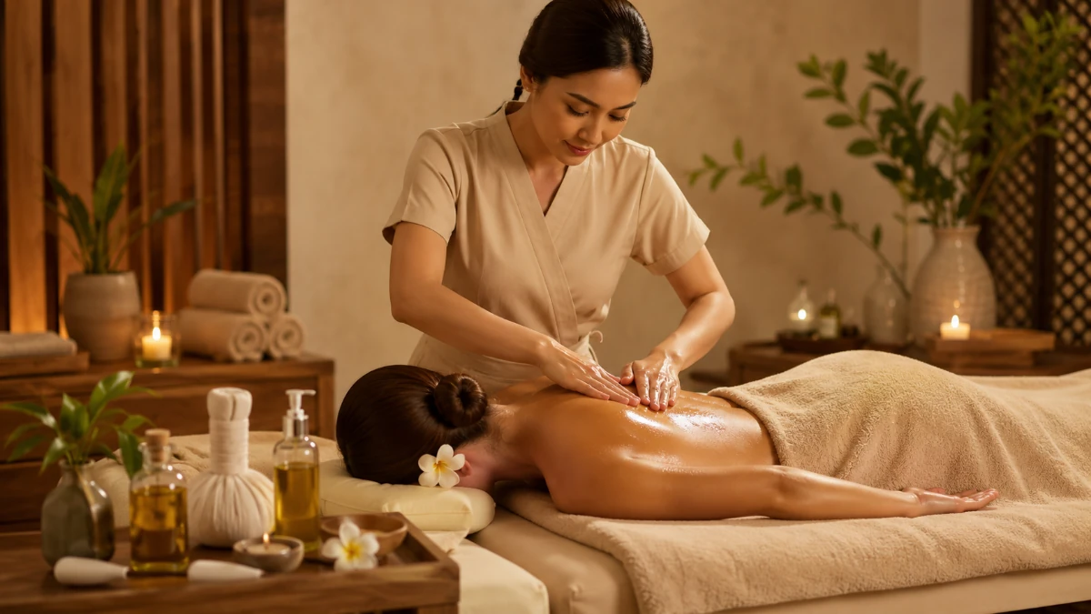 Full body oil massage therapy with a therapist providing a relaxing spa treatment in a peaceful wellness setting