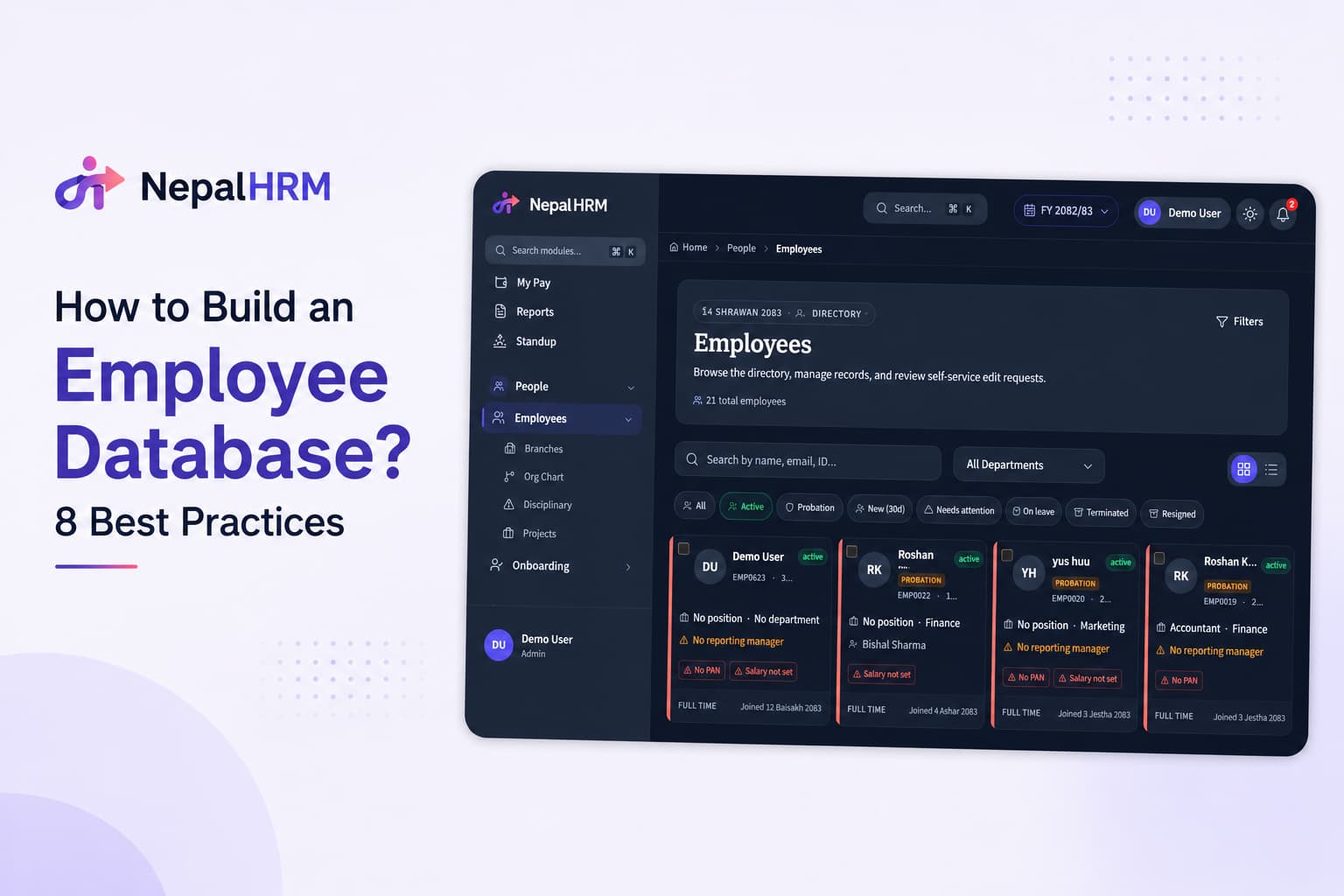 Infographic showing eight ways to build an employee database, including consistent profiles, document management, payroll accuracy, access control, and regular record reviews.