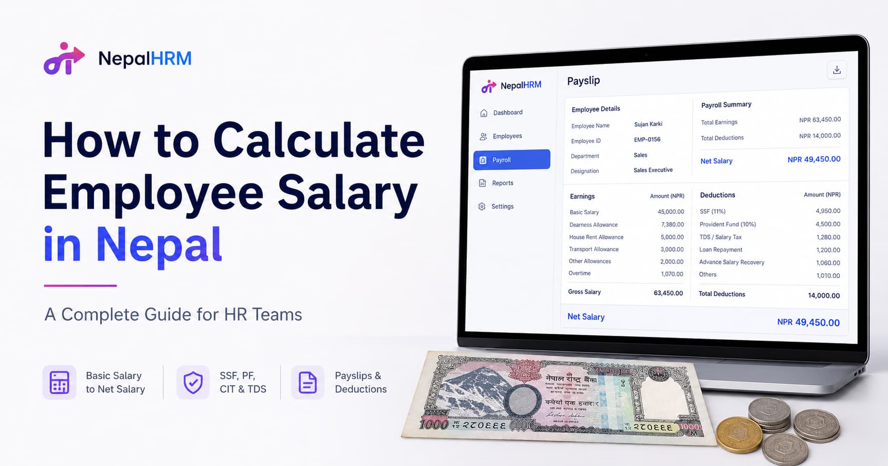 NepalHRM payslip showing employee salary calculation in Nepal with SSF, PF, CIT, TDS, deductions and net salary.