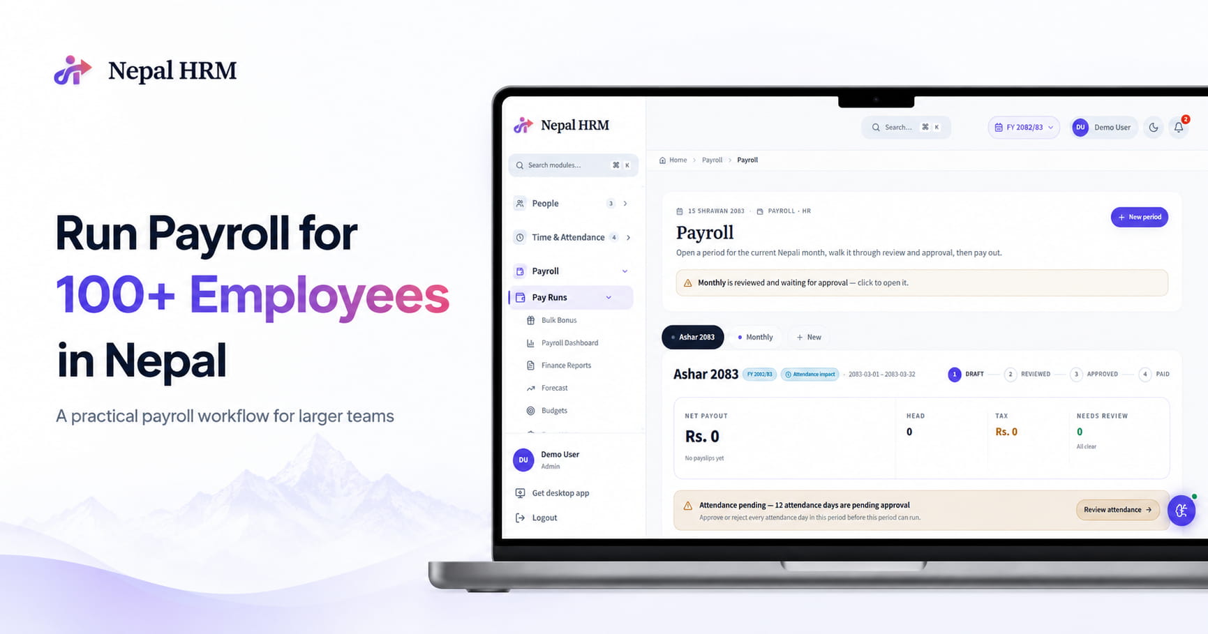 NepalHRM payroll dashboard showing how to run payroll for more than 100 employees in Nepal using attendance reviews, approval stages and payroll records.