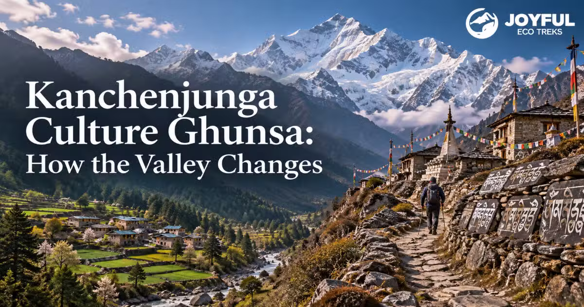 Ghunsa village at 3,595m: prayer flags and chortens marking where kanchenjunga culture transitions to Tibetan Buddhism