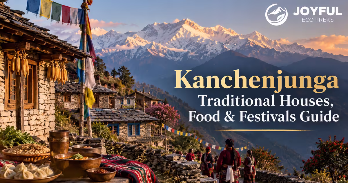 Limbu two-storey mud-and-stone houses in Kanchenjunga with carved wooden doorframes and steep monsoon-shedding roofs