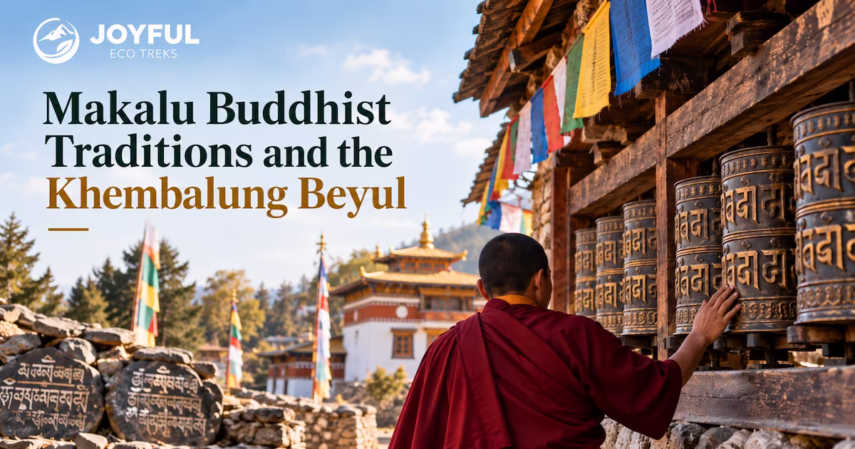 Prayer flags and Buddhist stupas at a mountain pass in the Khembalung beyul, part of Makalu Buddhist traditions