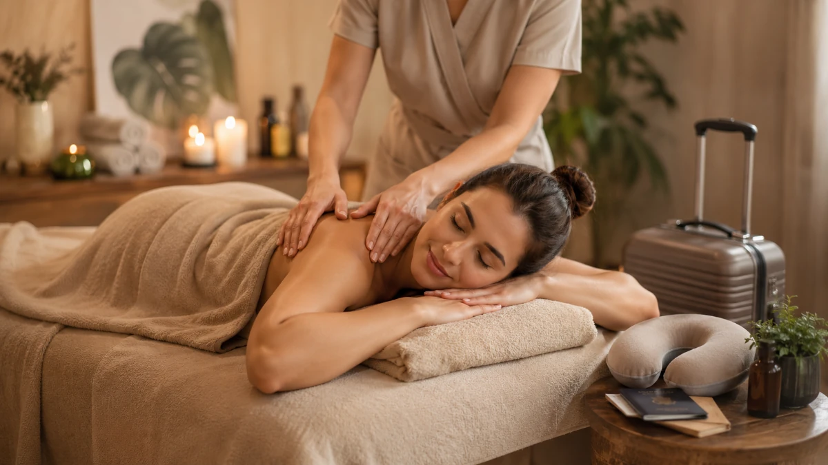 Relaxing massage after a long flight with travel essentials in a peaceful spa setting