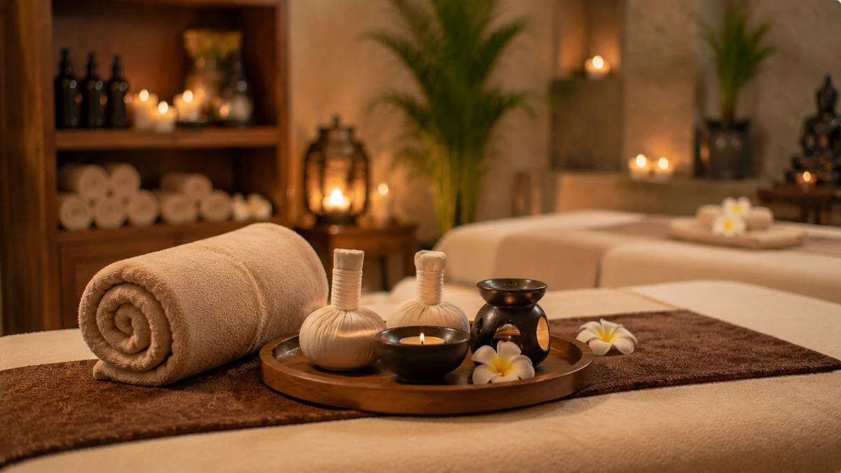 Peaceful spa treatment room in Nepal with massage beds, candles, towels, and wellness decor
