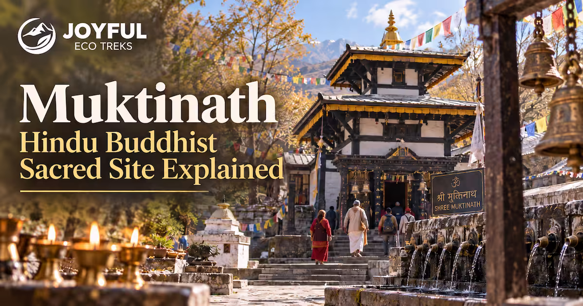 The Muktinath shrine complex at 3,710m showing the Hindu temple and Tibetan Buddhist gompa on one terrace with the 108 waterspouts wall in Mustang, Nepal