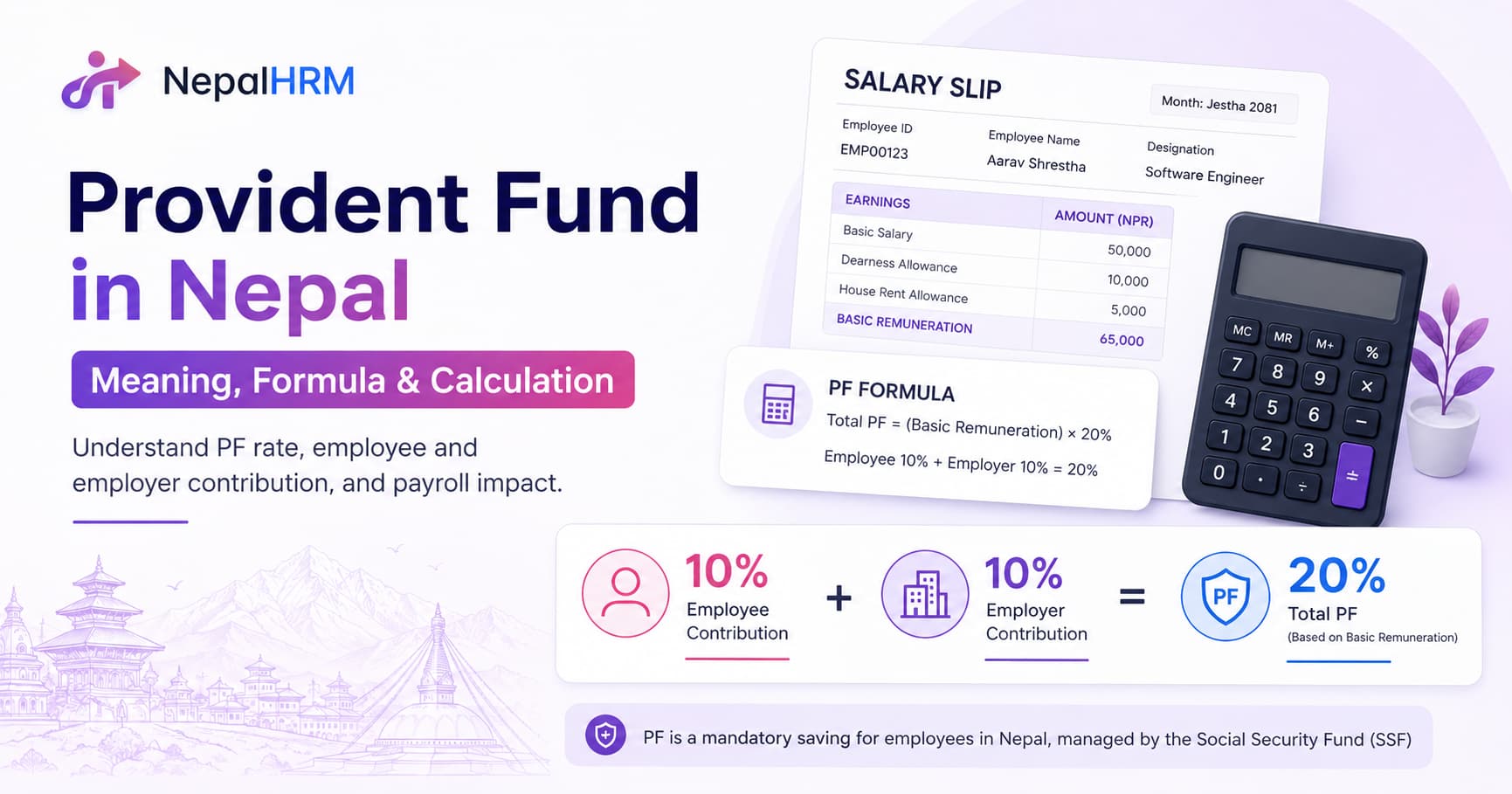 Provident Fund in Nepal showing employee and employer contributions, PF formula, salary slip, and payroll calculation.