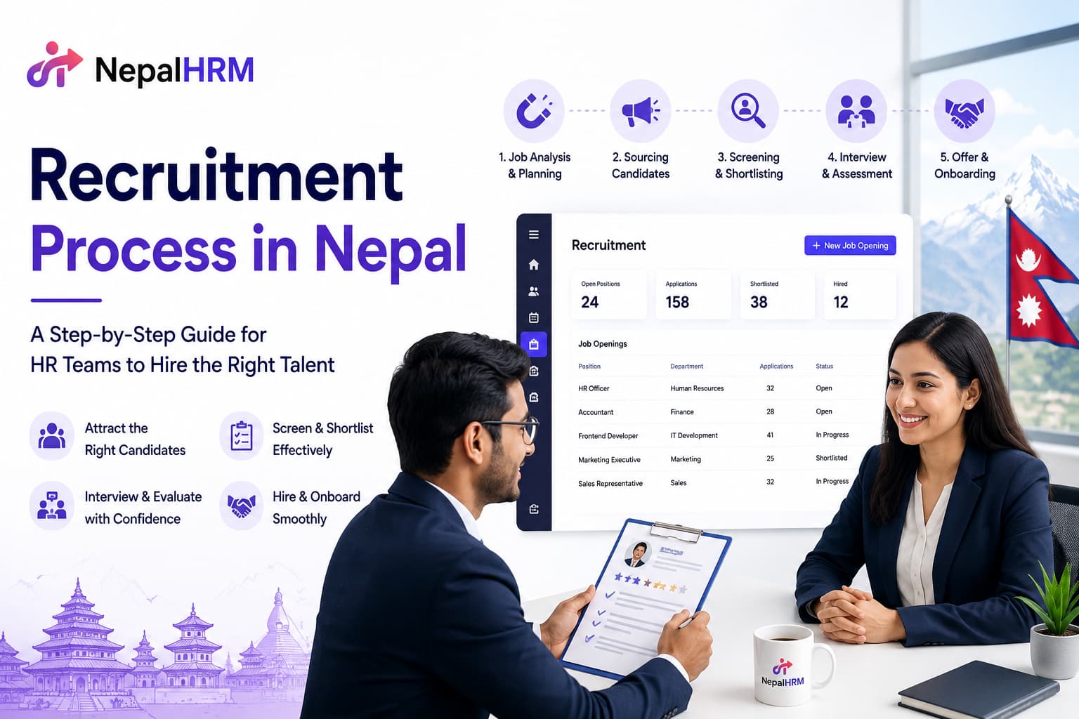 Recruitment process in Nepal showing candidate sourcing, screening, interviews, hiring, and onboarding with NepalHRM.