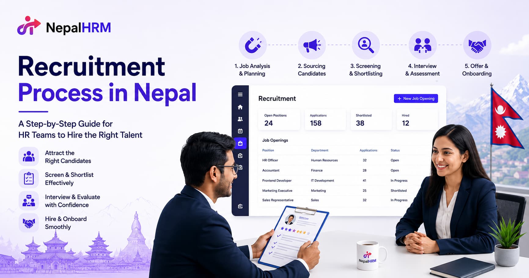 Recruitment process in Nepal showing candidate sourcing, screening, interviews, hiring, and onboarding with NepalHRM.