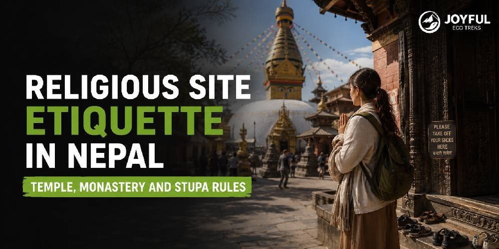 Religious Site Etiquette in Nepal featuring a modestly dressed traveler with folded hands outside a temple, with shoes placed at the entrance and a Buddhist stupa in the background.