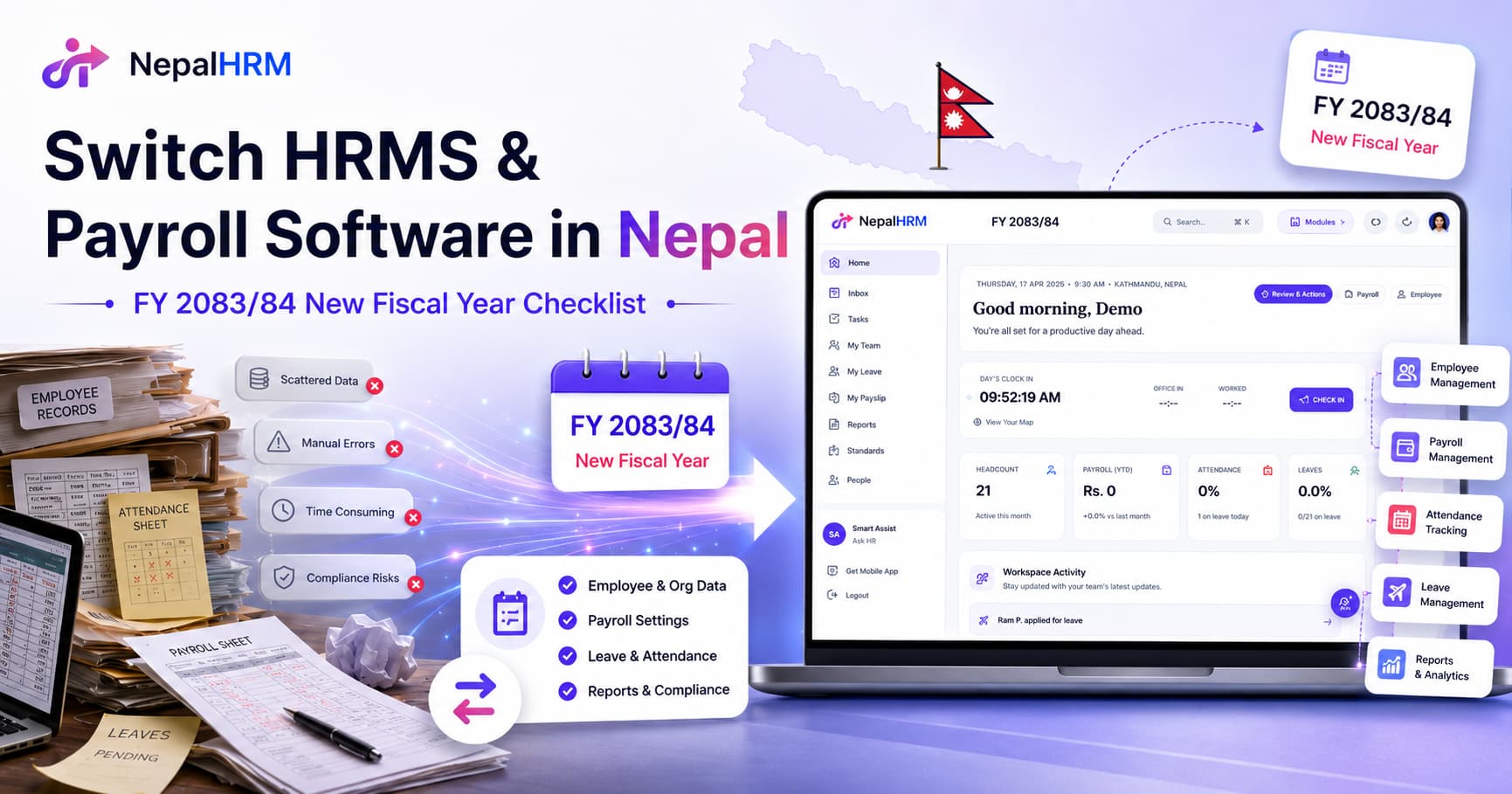 Switch HR and payroll software at the new fiscal year FY 2083/84 - checklist for Nepali companies.