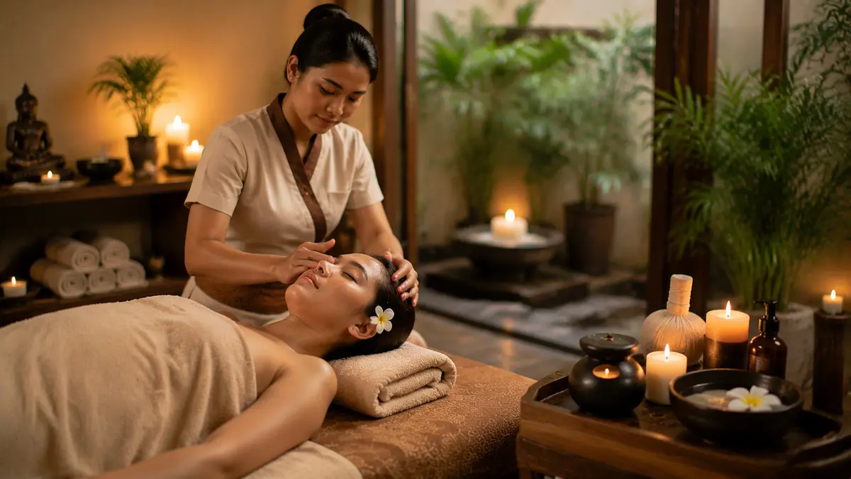 Spa therapy treatment with a therapist providing a relaxing wellness experience in a peaceful spa environment